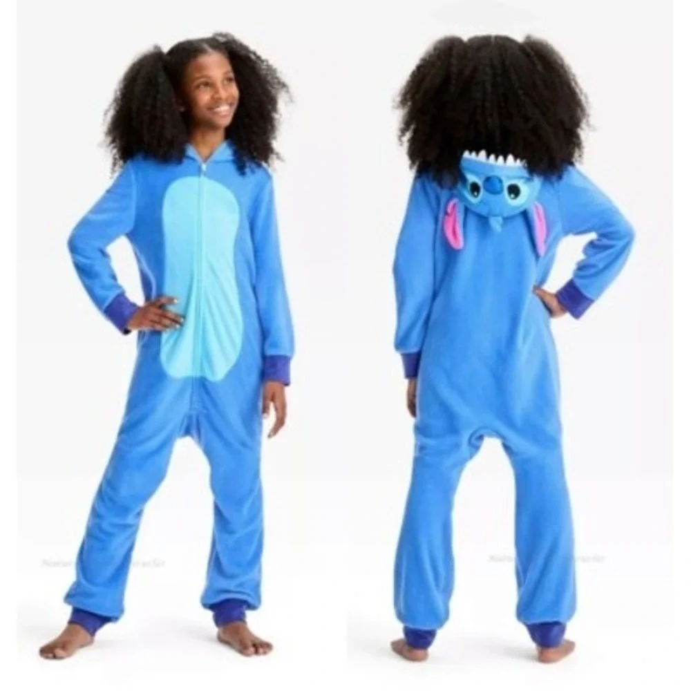 Disney Stitch Kids Fleece Pajamas L 10/12 Blue Hooded Costume Union Suit